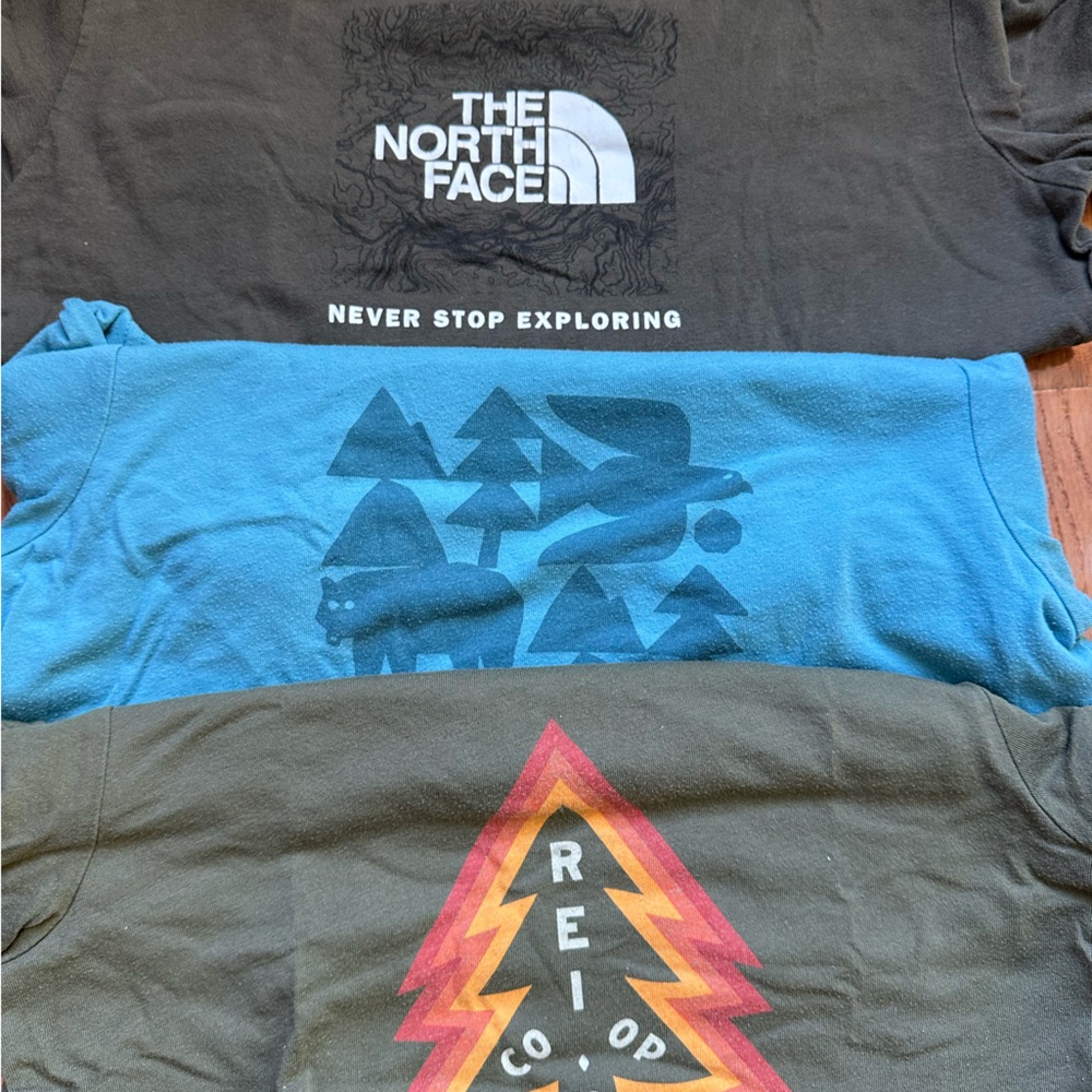 Bundle of 3 T-shirts (size 10): North Face and two REI shirts.